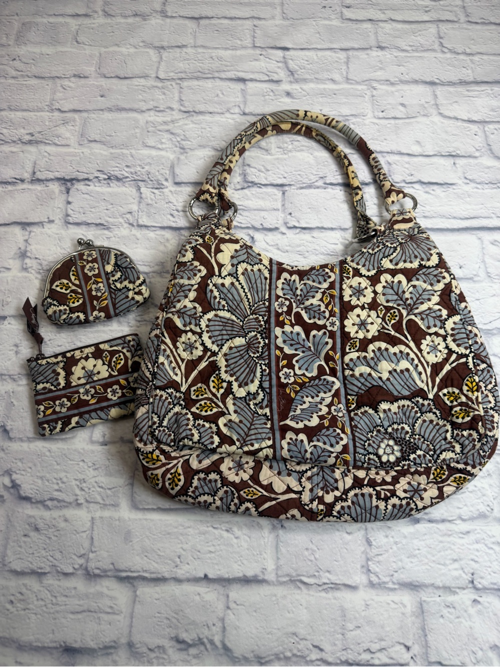 Retired Vera Bradley “Slate Blooms” Hobo Bag w/ Coin Purse and Card Holder